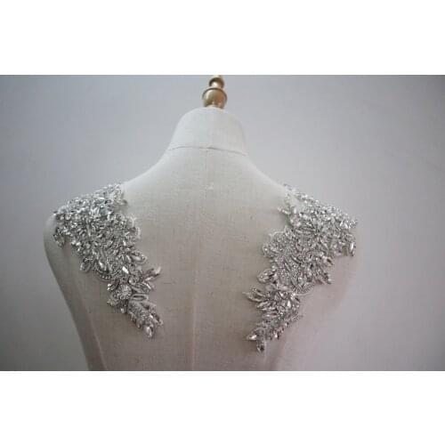 Silver rhinestone applique, crystal beaded lace rhinestone sash headband shoulder body back appliques dress straps
