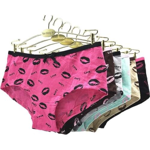 6pcs/lot Lip Print Panties Love Print Women Underwear Cotton Breathable Lady Briefs Mid-Rise Bow Underpants 40