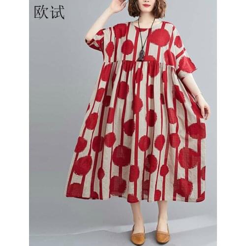Plus Size Vintage Polka Dot Simmer Dress Cotton Casual Ladies Dresses for Women 4XL 5XL 6XL Robe Femme Red Long Dress 2020