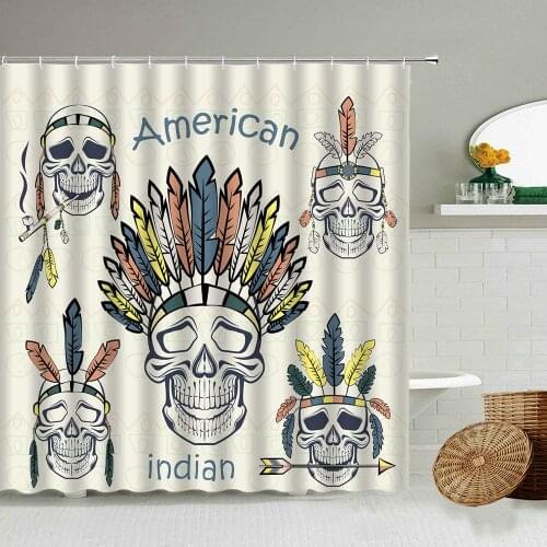 Skull Shower Curtain Feather Floral Halloween Indigenous Peoples Style Bathroom Decor With Hook Waterproof Screen Holiday Gift