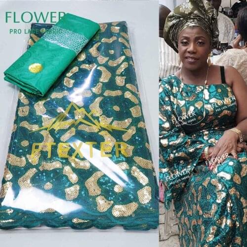 Green 2.5+2.5 Yards Net Lace With Sequined Bazin Riche Gextczer French Net Lace Nigeria Women Sewing Dresses Mesh Lace Materials