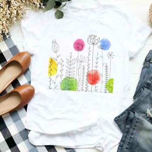 Womens T-shirt Jane Pen Color Flower Print Womens Top Casual Girl Short Sleeve White Top