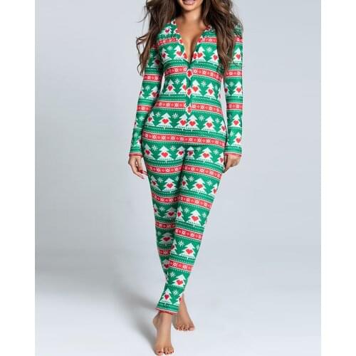 2020 Winter Ladies Sexy Christmas Tree Print Functional Buttoned Flap Adults Womens Conjoined Pajamas Casual Sleepwear Jumpsuit