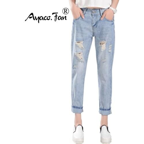 2019 New Women Harem Pants Spring Summer Denim Pencil Pant Mid Waist Hole Ripped Line Patch Printing For Lady Ankle-Length Jeans