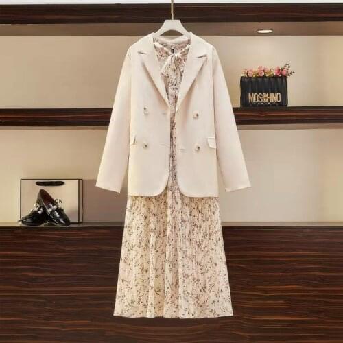 Large size chiffon floral dress suit jacket spring new Two piece set chic ensemble femme survetement clothes for women