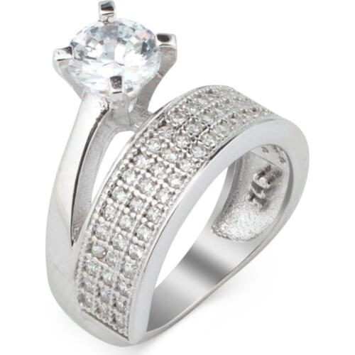 925 Sterling Silver Solitaire Ring with Three Line Half Round Zircon Stone