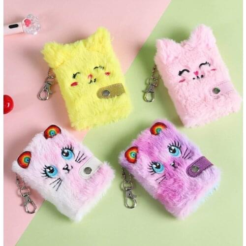 1Pcs Cute Cat Plush Notebook For Girls Kawaii Pendant Keychain Furry Cats Notebook Daily Journal Book Note Pad Stationery Gifts
