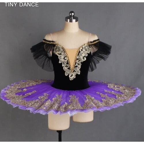 Off the Shoulder Black and Purple Professional Ballet Dance Tutu Costume with Gold Sequin Decoration Sparkling Dress BLL417