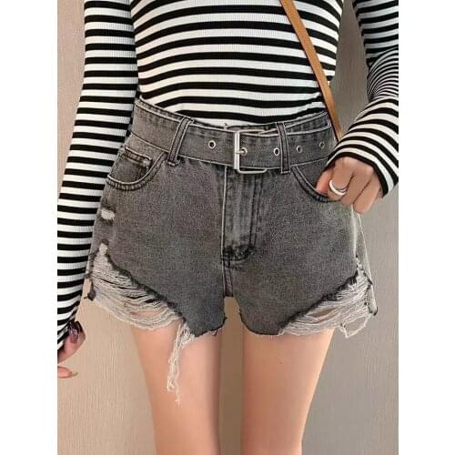 Denim shorts Internet celebrities Hole tassel design cotton shorts female high waist wide leg denim shorts with belt F1579