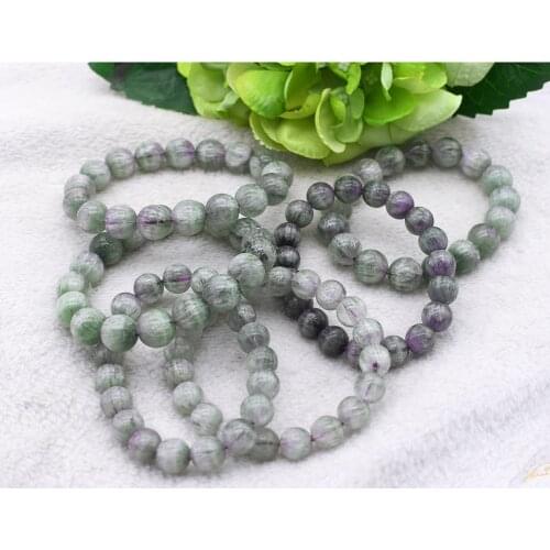8" AA+ Natural Green/purple Fluorite White Floss Crystal Stretch Bracelet