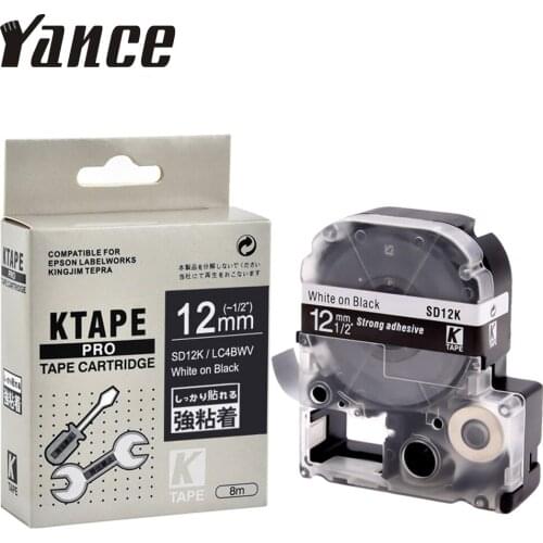 Yance strong adhesive 12mm White on black LC-4BWV9 SD12KW/LC-4BWV label maker tape compatible for KingJim label printer LW-400