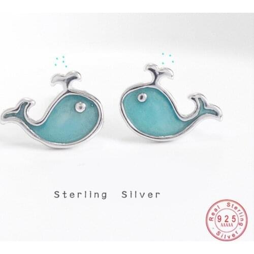 925 Sterling Silver Fashion Simple Blue Little Whale Earrings Women Cute Mini Girlfriend Gift Party Wedding Jewelry Accessories
