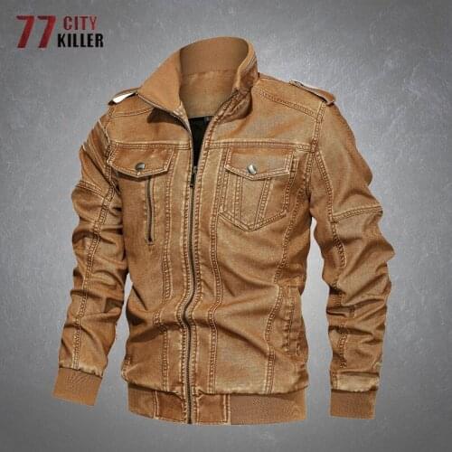 Mens PU Leather Jacket Water Wash Distressed Motorcycle Bomber Leather Coat Male Casual Multi-Pockets Mens Jackets Big Size 6XL