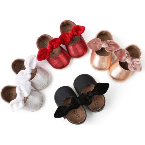 Newborn Baby Girls Crib Shoes Soft Sole Anti Slip Leather First Walker Solid Color Bowknot Princess Shoes Casual Prewalker Shoes