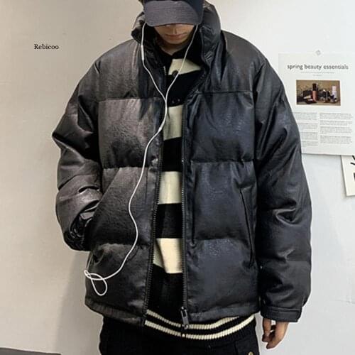 Solid Color Leather Winter Parkas Men Korean Harajuku Warm Jackets Oversized Male Casual Thicken Coat Parka Pu