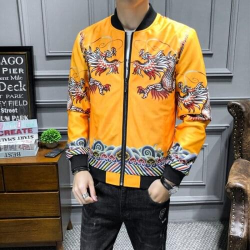 Floral Autumn Dragon Print Vintage Coat Mens Jackets Streetwear Chinese Style Bomber Jacket Men Clothing
