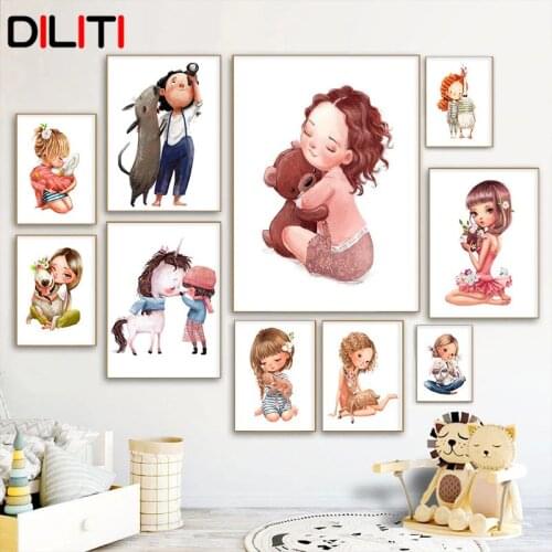 Blonde Girl Wall Art Nordic Unicorn Little Fawn Dog Rabbit Posters and Prints Animal Wall Pictures for Baby Kids Room Decor