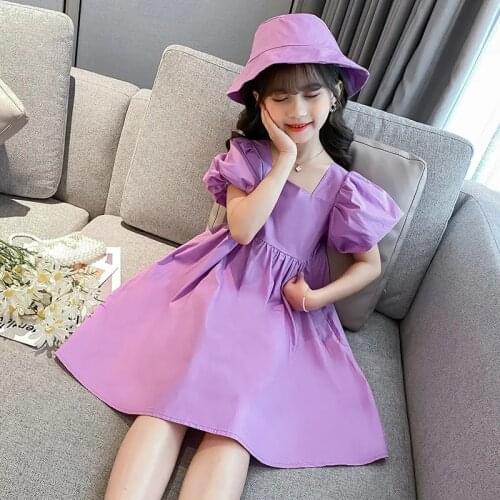 Teens Girls Dress Hat 2021 Summer Toddler Kids Casual Dresses for Girls Puff Sleeve Purple Pink Princess Dress Children Clothing