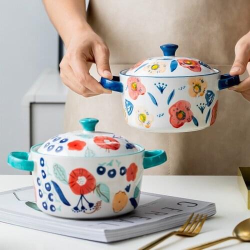 Modern housewife Japanese creative double ear noodle bowl with cover ceramic tableware salad bowl household noodle bowl soup