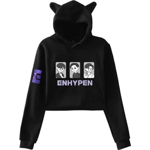 ENHYPEN KPOP Print Cat Cropped Hoodies Girl Long Sleeve Hooded Pullover Crop Tops Loose hoodies