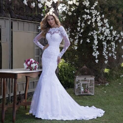 High Neck with Lace Applique Mermaid Long Sleeves Wedding Dress Illusion Back Sexy Trumpet Bridal Dress vestido novia corto