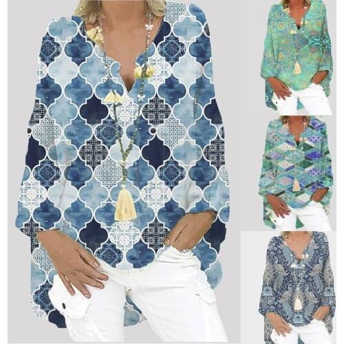 Women T-shirt V-neck Lattics Colorful Printed Long Sleeve Casual Top Personalized Printing Sexy Fashion All-match T-Shirt