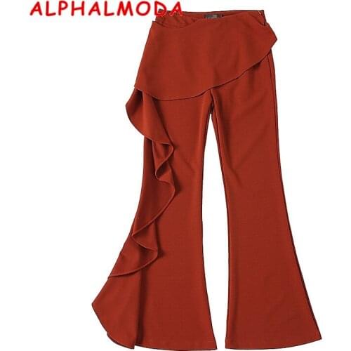 ALPHALMODA 2018 New Stylish Long Pants Single Side Ruffled Flare Leg Women Vintage Vogue Fashion Trousers