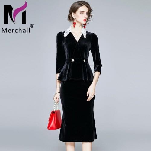 2021 Autumn Vintage Black Velvet Two Piece Skirt Suit Set Women Lace Collar Top + Package Hip Set Office Lady Outfits S78218