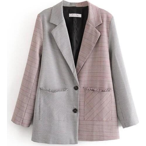 Vintage 2020 Spring Coat Color Matching Plaid Blazer Jacket Loose Two Buckle Lapel Long Sleeve Lady Suit Coat Tassel Pocket r507