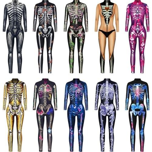 Horror Skull Ghost Day Devil Vampire Jumpsuit Halloween Womens Cosplay Bodysuit Tight Carnival Femme Party Sexy Tight Catsuit
