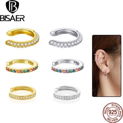 BISAER 2020 Colorful Zircon Ear Clip 925 Sterling Silver Dazzling Zircon Small Earrings Ear For Women Simple Jewelry ECE993-A