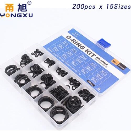 200pcs 15 Sizes O Rings Rubber O Ring Seal NBR Black Sealing O-rings Nitrile Washer Rubber o-ring set Assortment Kit Set Box