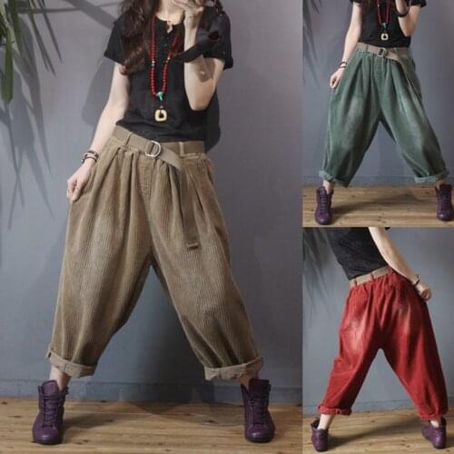 Casual Pants Female Trousers Autumn Winter New Fashion Women Elastic Waist Harem Pants 100% Cotton Corduroy Vintage Loose