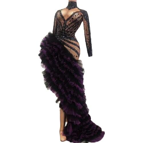 Purple Long Trailing Dresses Shining Sequins Gauze Perspective Asymmetrical Long Sleeve Hollow Out Print Party Evening Costume