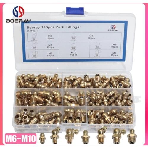 Boerry 140pcs Brass Zerk Grease Nipple Fitting M6 M8 M10 Straight 90 Degree 45 Degree Assortment Kit Zerk Fittings
