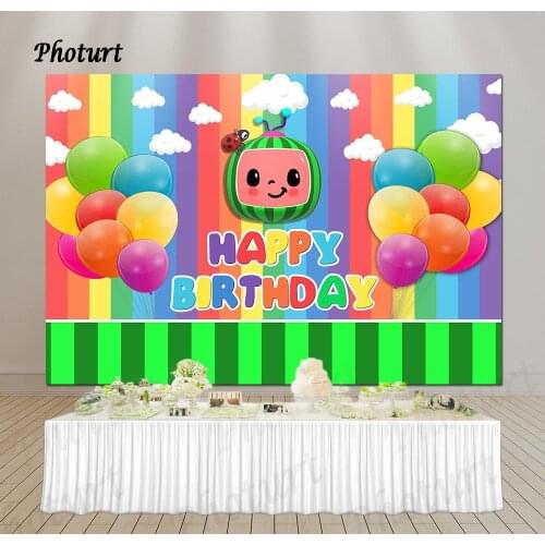 PHOTURT Cocomelon Backdrop Kids 1st Birthday Baby Shower Photography Banner Balloon Melon Photo Background Decorate Props