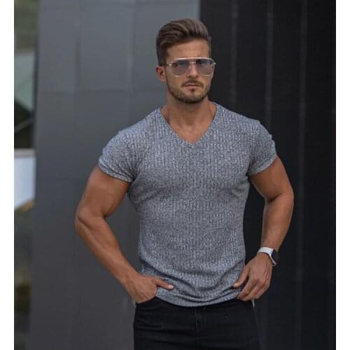 Gym T Shirt Men V Neck Short Sleeve Sports Knitted T-Shirt Slim Fit Male T-shirt Fitness Bodybuilding Workout Summer Clothing
