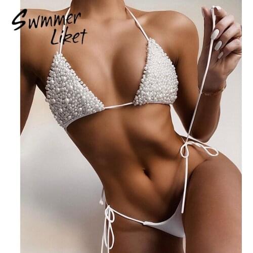 String halter bikini set 2020 Pearl swimsuit female Extreme bandage bathing suit Sexy swimwear women Triangle summer bathers new
