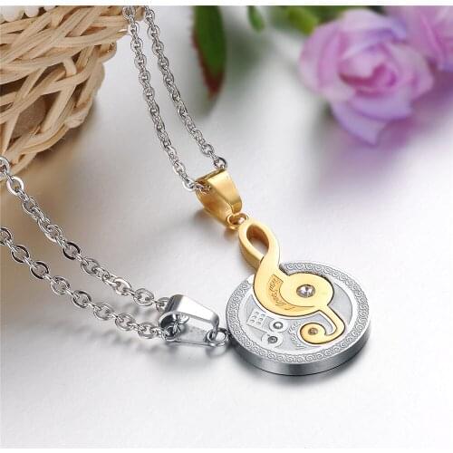 Stainless Steel Crystal Drill Gold Silver Color Music Note Couple Necklace Set Anniversary Charm Chain Necklaces Jewelry Lovers