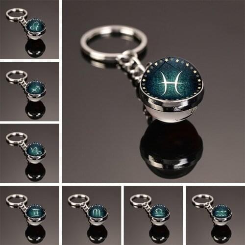 Creative lucky art 12 constellation key chain two-sided glass ball key chain jewelry pendant key chain exquisite gift wholesale