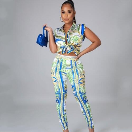 Summer Dashiki African Print Two Pieces Pant Set Women Button Shirt Top And Pants Suits Africa Matching Sets Two Piece Outfits