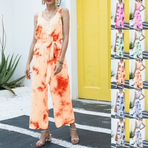 Summer Ladies Elegant Tie-Dye Printed Sleeveless Casual Waist Jumpsuit Trousers