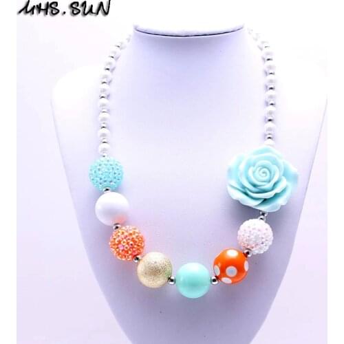 MHS.SUN Cute Design Girls Chunky Beads Necklace With Flower Child Kids Bubblegum Chunky Necklace Handmade Jewelry For Gifts