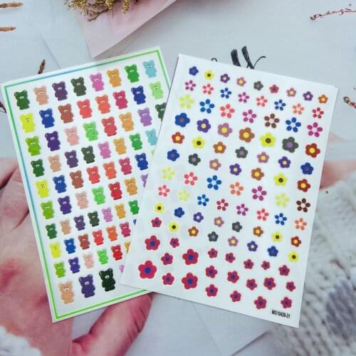 Fashion New Arrival Hot Selling 3d DIY Nail Stickers Colored Bears& Flowers Dry Nail Decals Back Adhesive Glue Thin Traceless