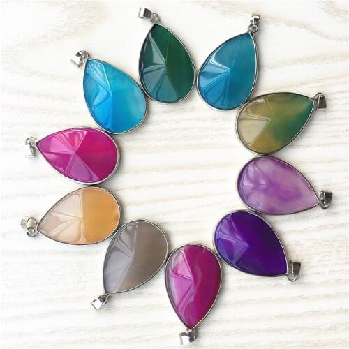 Natural Stone Pendant Blue Green Gray Purple Agates Onyx Handmade Cut Edging Pendants Water Drop For Women Jewelry Making 10PCS