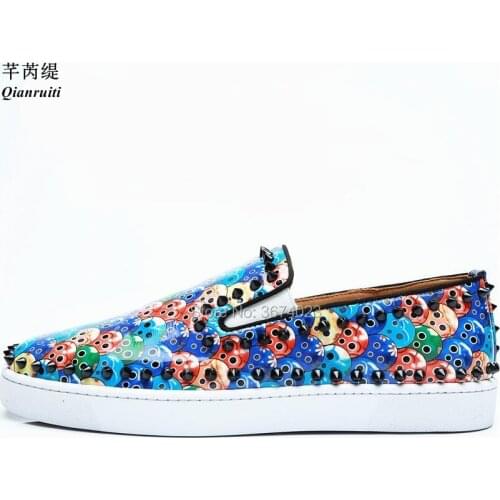 Qianruiti Men Patent Leather Print Loafers Thick Bottom Flat Shoes Black Rivets Studs Sneakers Mixed Color Casual Shoes Men