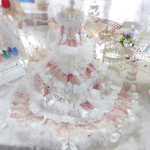 Handmade Luxury Dog Dress Wedding Clothes Pet Apparel 2 Choice Classic Lace Pink Embroidery Ribbon Bow Tailing Gown Cake Skirt