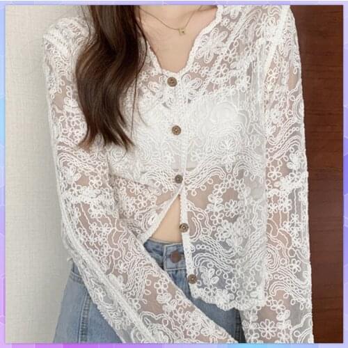 Sexy Lace Crochet Women Bikini Cover Up Summer Croche Floral Cardigan Summer V-Neck Long Sleeve Bathing Swimwear Beach Cover Up