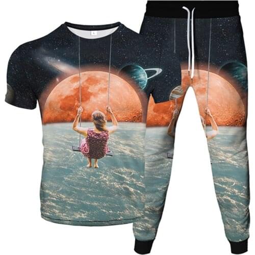 Mens Harajuku Style Tracksuit Women Creative Universe Planet Galaxy Moon Vortex Cloud Print Clothes Suit T-Shirt+Long Pants Sets