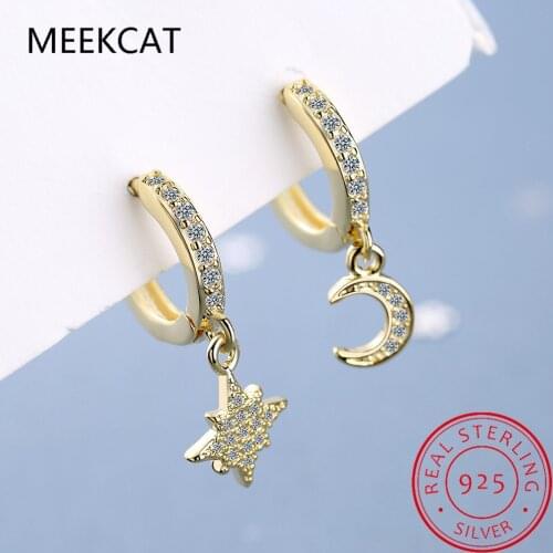 MEEKCAT 925 Sterling Silver Hot Fashion Zircon Moon Star Hoop Earrings for Women 2020 Best Christmas Gifts Jewelry S-E1360